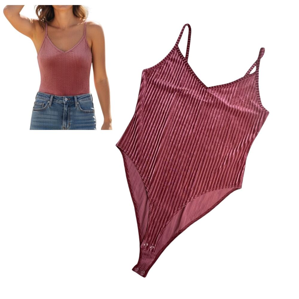 Forever 21 Velvet Bodysuit Top Womens Lg 31" Chest VNeck Sheer Striped Plum Pink